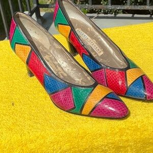 Valerie Stevens color block Cobra skin pumps